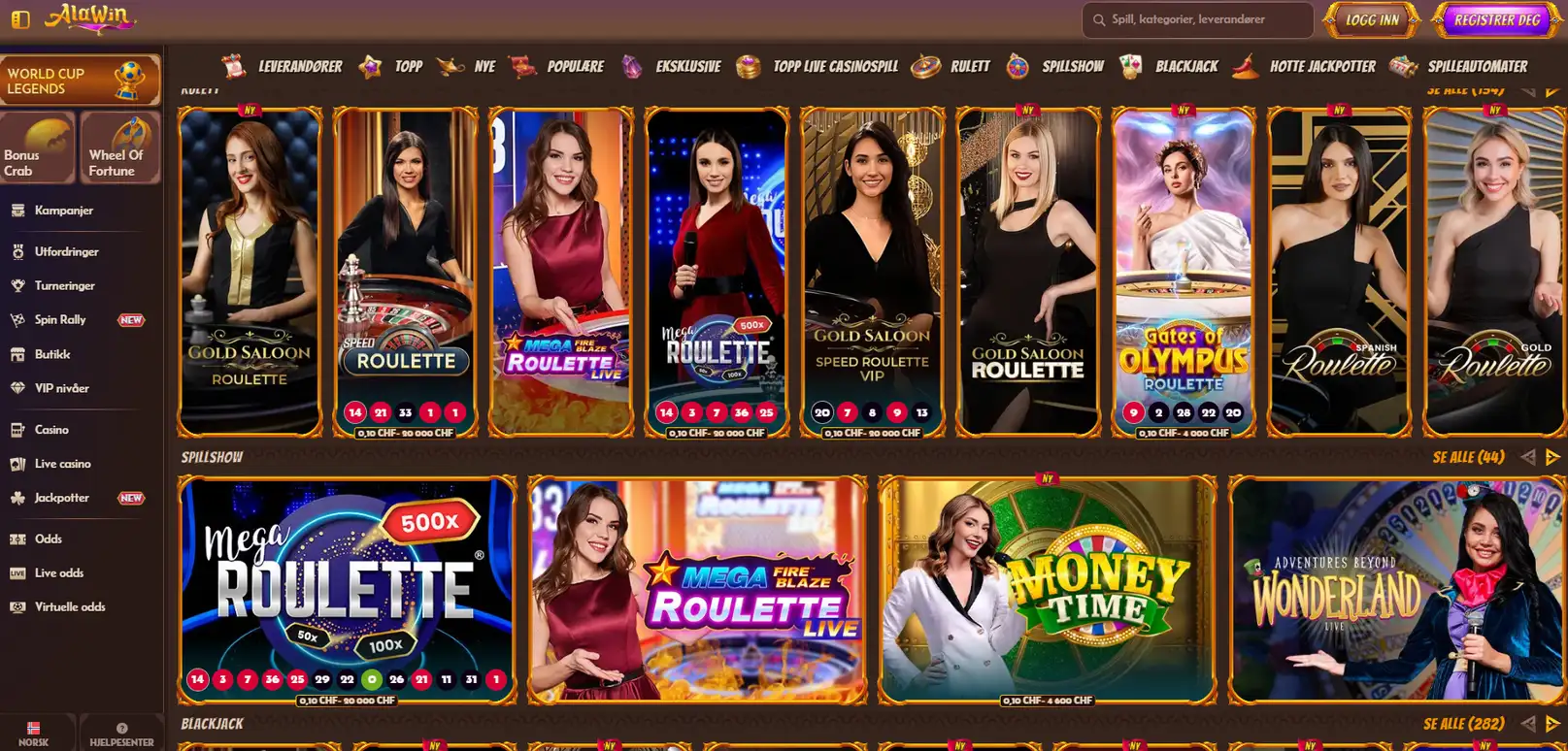 Alawin Casino med live casino, rulett og bordspill