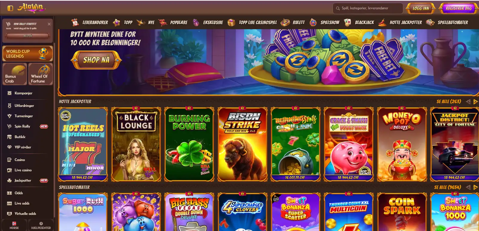 Alawin Casino med populære spilleautomater