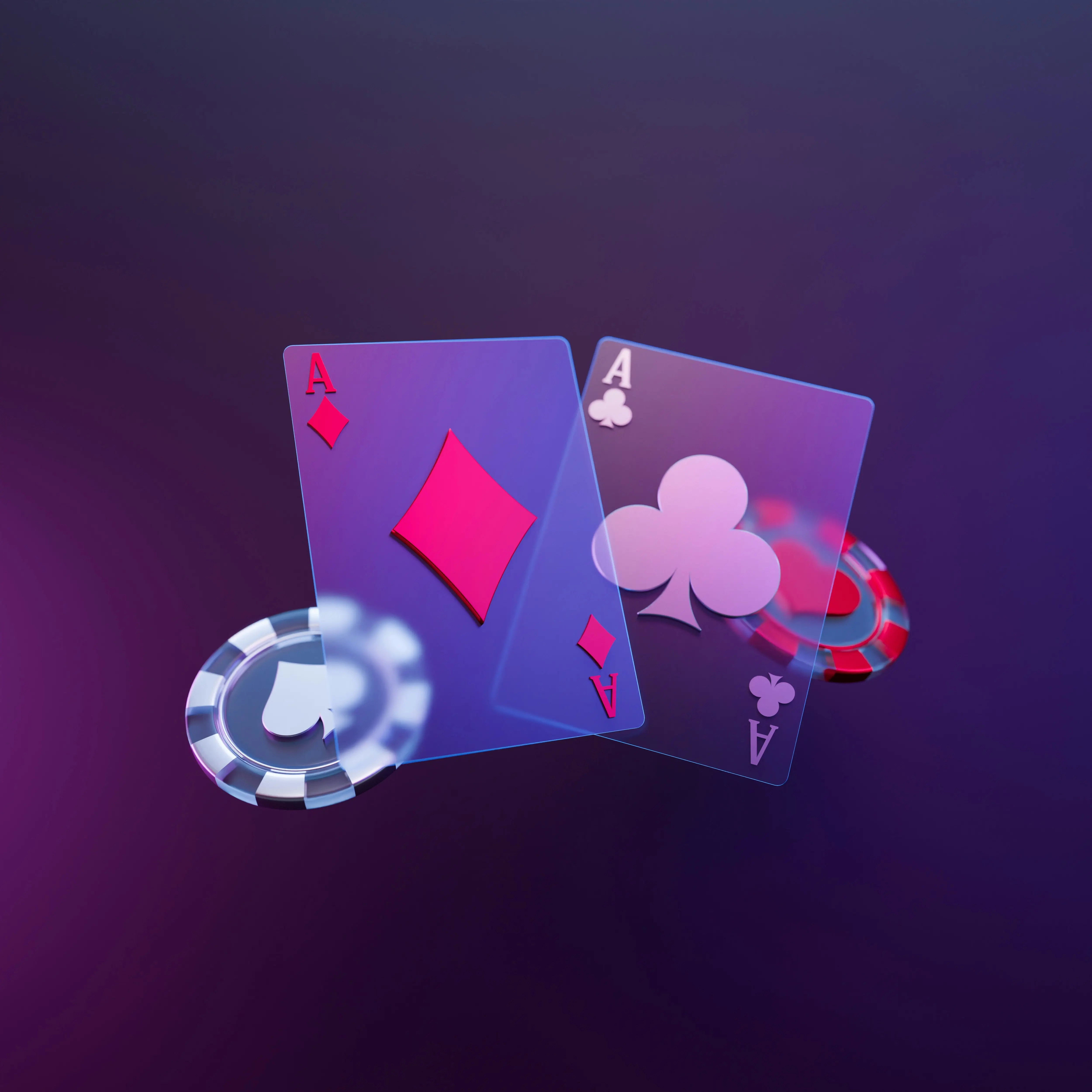 Illustrasjon av spillekort og casinosjetonger på lilla bakgrunn