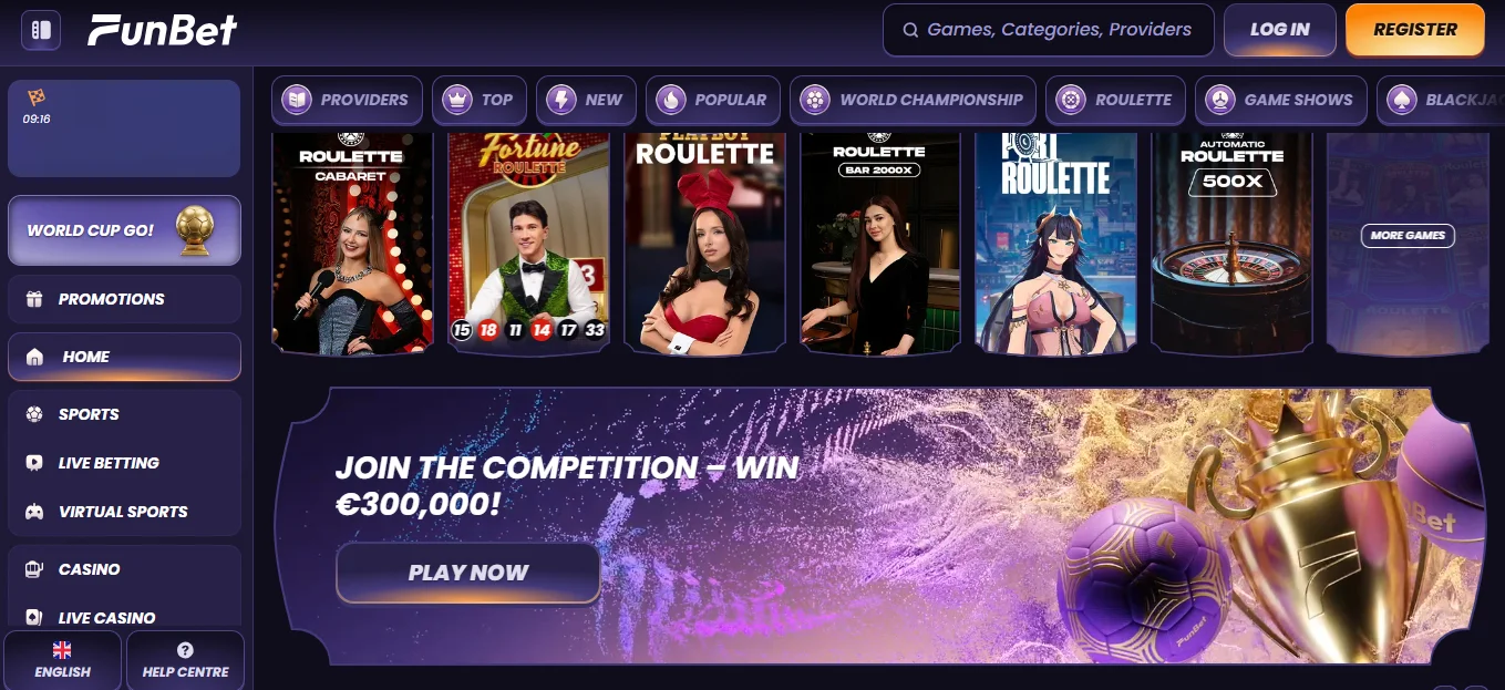 Funbet Casino med konkurranse og live casinospill