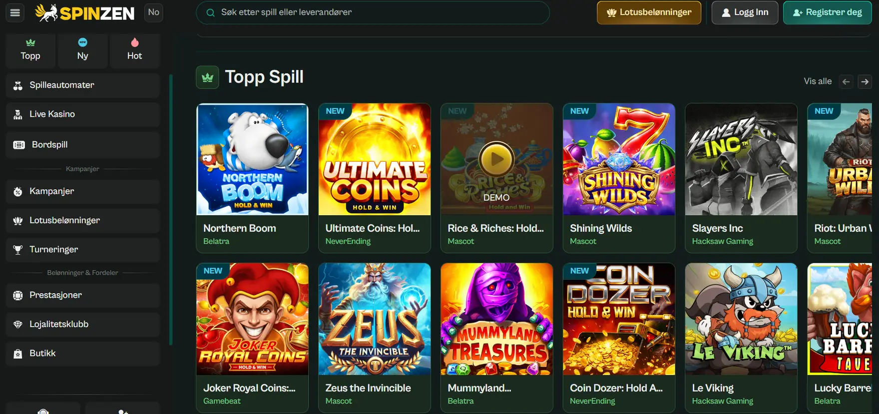 Spinzen Casino med populære spilleautomater