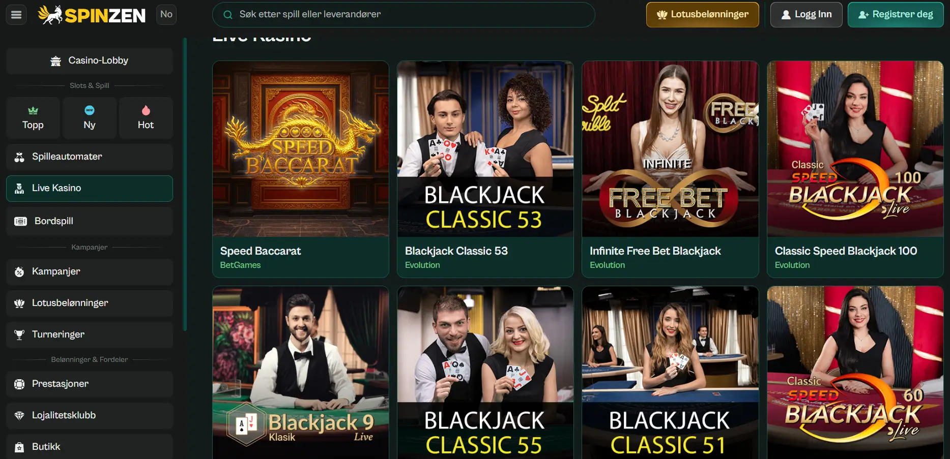 Spinzen Casino med blackjack og live casino