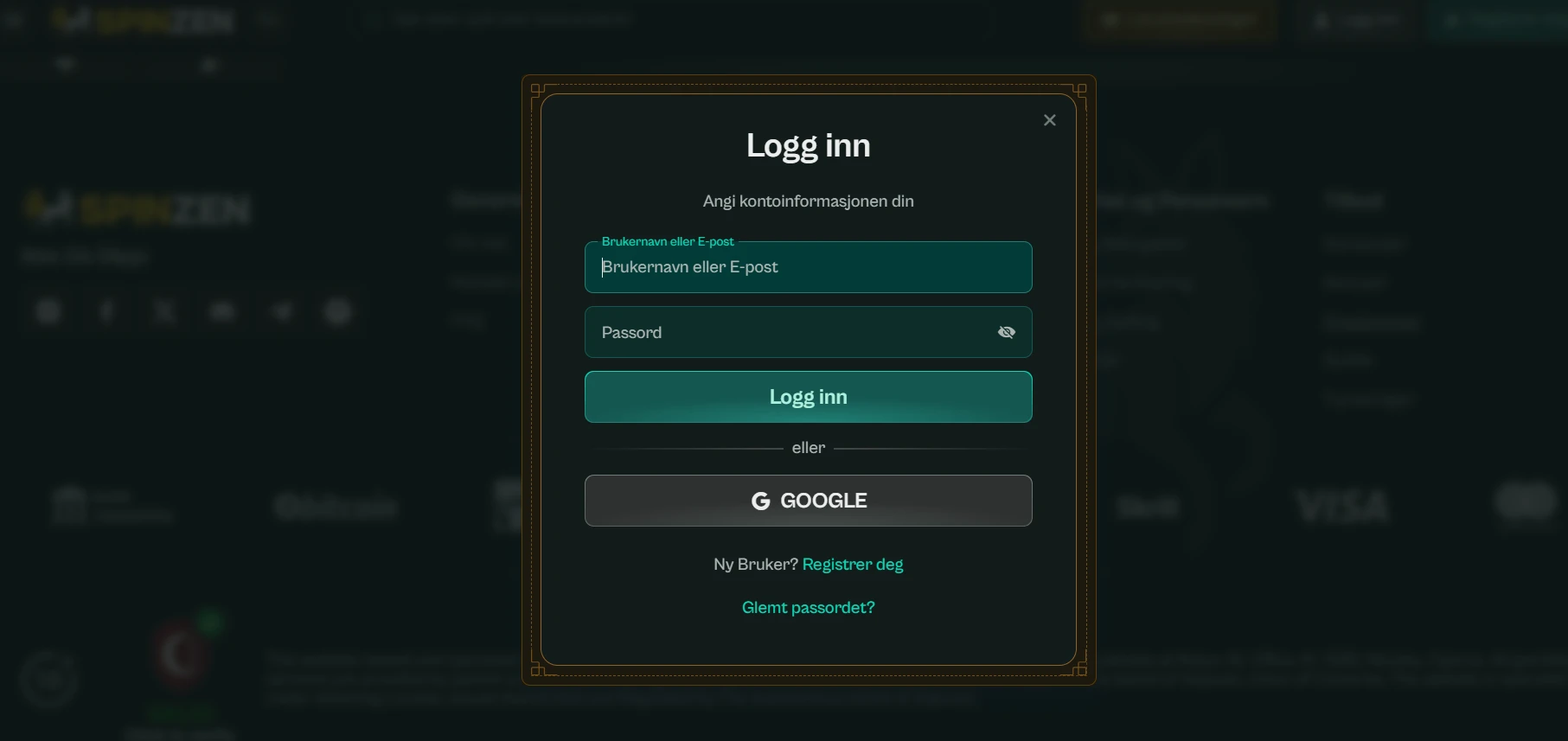 Innloggingsside for Spinzen Casino