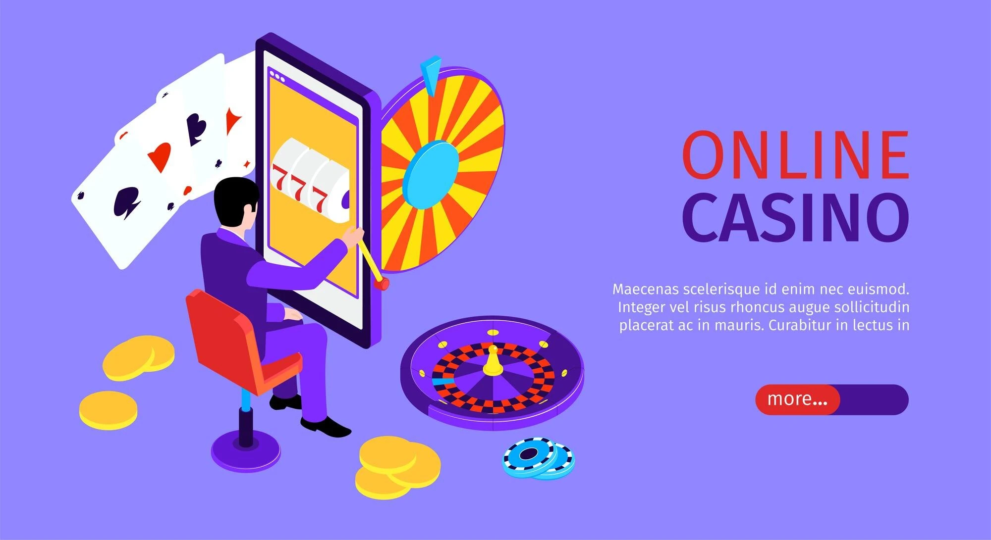 Online casino-banner med kort, rulett og spillemaskin