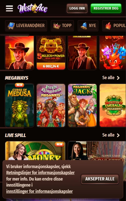 Westace mobilcasino med spillkategorier og velkomstpakke